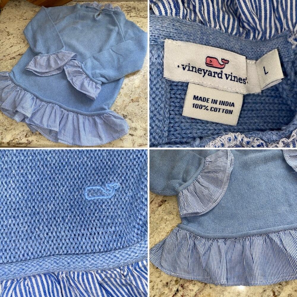 Vineyard Vines $85 Girls Chambray Cotton Sweater with Navy Ruffle Detail LG EUC